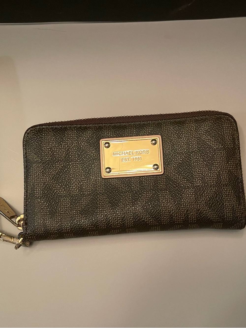 Michael Kors Brown Zip Wallet with Gold Logo Plate